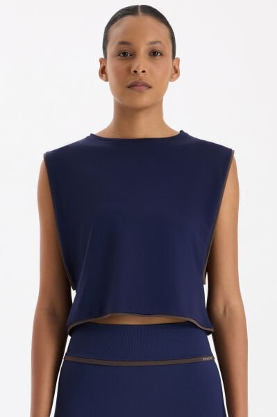 Kontrast Biyeli Sıfır Kol Crop Top Oxford Blue